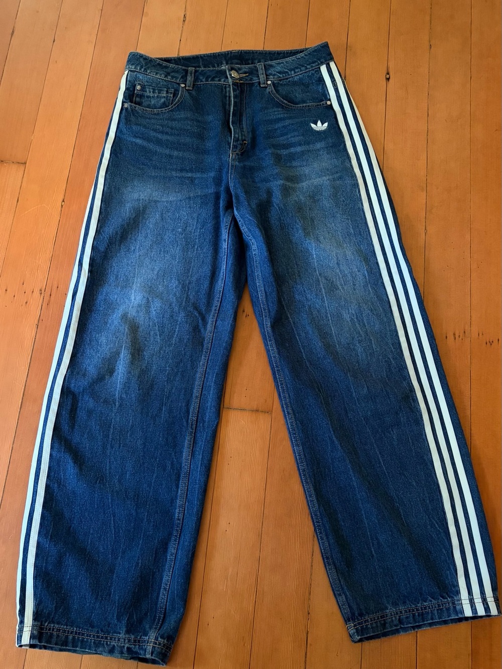 Dad Jeans 30/32 Adidas Blue Denim with White Side Stripes